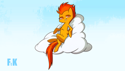 Size: 3515x2007 | Tagged: safe, artist:fluttershythekind, character:spitfire, species:pegasus, species:pony, belly button, cloud, female, grin, hooves, lying on a cloud, mare, on a cloud, pinup, sexy, smiling, solo, stupid sexy spitfire, wings