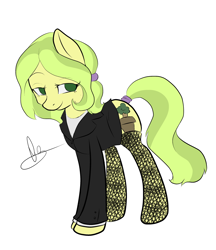 Size: 1800x2087 | Tagged: safe, artist:mrrowboat, oc, oc only, oc:sequoia, species:earth pony, species:pony, business suit, clothing, female, fishnets, lidded eyes, mane down, mare, ponytail, simple background, smiling, solo, stockings, tail wrap, white background