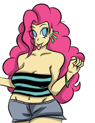 Size: 612x792 | Tagged: safe, artist:inuyuru, character:pinkie pie, species:human, belly button, blep, bracelet, cleavage, clothing, curvy, earring, female, humanized, looking at you, midriff, shorts, smiling, solo, tongue out