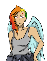 Size: 612x792 | Tagged: safe, artist:inuyuru, character:rainbow dash, species:human, cleavage, clothing, eyebrow piercing, female, humanized, solo, tank top