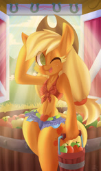 Size: 1000x1704 | Tagged: safe, artist:falleninthedark, character:applejack, species:anthro, apple, applebucking thighs, barn, belly button, breasts, bucket, clothing, cute, daisy dukes, delicious flat chest, female, front knot midriff, jackabetes, looking at you, midriff, open mouth, shorts, smiling, solo, wink