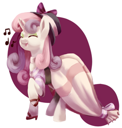 Size: 1253x1312 | Tagged: safe, artist:moonseeker, character:sweetie belle, species:pony, species:unicorn, clothing, cute, diasweetes, dress, eyes closed, female, hat, mare, music notes, older, older sweetie belle, raised hoof, singing, solo