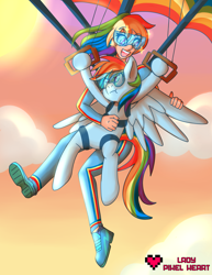 Size: 2975x3850 | Tagged: safe, artist:ladypixelheart, character:rainbow dash, species:human, air ponyville, clothing, goggles, grumpy, human ponidox, humanized, jumpsuit, parachute, ponidox, skydiving, wing envy