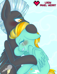 Size: 2975x3850 | Tagged: safe, artist:ladypixelheart, character:lightning dust, character:thunderlane, species:pegasus, species:pony, backwards cutie mark, blushing, comforting, crying, cute, dustabetes, eyes closed, female, floppy ears, gritted teeth, hug, male, mare, sad, shipping, sitting, stallion, straight, thunderdust