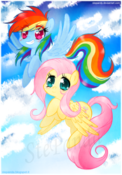 Size: 700x1008 | Tagged: safe, artist:stepandy, character:fluttershy, character:rainbow dash, species:pegasus, species:pony, cloud, female, flying, looking at you, mare, sky, smiling