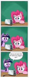Size: 1457x3881 | Tagged: safe, artist:otakuap, character:pinkie pie, character:twilight sparkle, character:twilight sparkle (alicorn), species:alicorn, species:pony, comic, female, mare, power cord, stare, toaster, unplugged