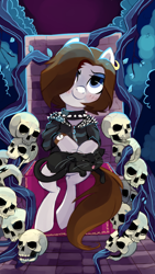 Size: 540x960 | Tagged: safe, artist:pepooni, oc, oc only, oc:bee chalke, species:pony, blushing, cat, choker, ear piercing, earring, female, lidded eyes, looking at you, mare, petting, piercing, sitting, skull, smiling, solo, spiked choker, throne, watch