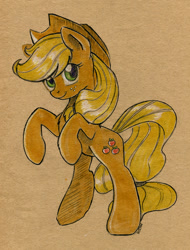 Size: 700x919 | Tagged: safe, artist:maytee, character:applejack, female, looking at you, rearing, smiling, solo, traditional art