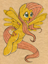 Size: 700x930 | Tagged: safe, artist:maytee, character:fluttershy, female, happy, solo, spread wings, traditional art, wings