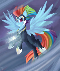 Size: 1690x2000 | Tagged: safe, artist:falleninthedark, character:rainbow dash, character:zapp, episode:power ponies, g4, my little pony: friendship is magic, clothing, costume, female, looking at you, smiling, smirk, solo, spread wings, wings