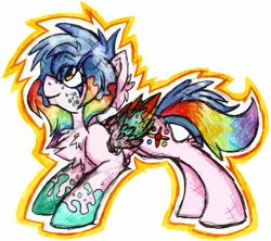 Size: 1081x962 | Tagged: safe, artist:iroxykun, oc, oc only, oc:cotton canvas, species:pegasus, species:pony, colored wings, cutie mark, female, freckles, mare, multicolored wings, rainbow, rainbow hair, rainbow wings, wings