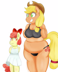 Size: 2297x2837 | Tagged: safe, artist:braffy, character:apple bloom, character:applejack, species:anthro, applefat, bbw, belly button, chubby, clothing, fat, muffin top, simple background, white background
