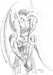 Size: 1232x1726 | Tagged: safe, artist:quakehoof, character:flutterbat, character:fluttershy, species:anthro, dawnguard, looking at you, monochrome, skyrim, the elder scrolls, traditional art, vampire