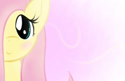 Size: 640x416 | Tagged: safe, artist:dshou, character:fluttershy, species:pony, abstract background, blushing, bust, female, hair over one eye, looking at you, mare, portrait, smiling, solo