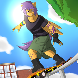 Size: 1280x1280 | Tagged: safe, artist:marik azemus34, character:scootaloo, species:anthro, species:pegasus, species:pony, female, grinding, rail grinding, skateboard, skateboarding, solo, tattoo