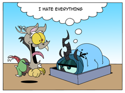 Size: 800x599 | Tagged: safe, artist:peachiekeenie, artist:tarajenkins, character:discord, character:queen chrysalis, blanket, discorderlyconduct, garfield, i hate mondays, jim davis, odie, open mouth, parody, prone, smiling, style emulation, thought bubble, tongue out, unamused, wide eyes