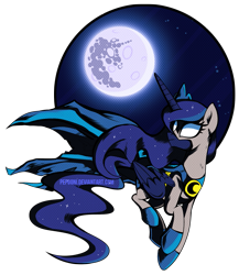Size: 853x983 | Tagged: safe, artist:pepooni, character:princess luna, batman, batmare, clothing, female, flying, mare in the moon, moon, solo