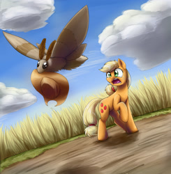 Size: 3559x3625 | Tagged: safe, artist:otakuap, character:applejack, oc, oc:fluffy the bringer of darkness, species:earth pony, species:pony, accessory theft, animal, applejack's hat, clothing, cowboy hat, female, flying, freckles, giant insect, giant moth, hat, high res, insect, mare, moth, open mouth