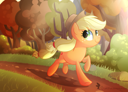 Size: 1600x1152 | Tagged: safe, artist:drawntildawn, character:applejack, clothing, female, freckles, hat, running, running of the leaves, smiling, solo