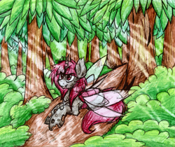 Size: 1623x1366 | Tagged: safe, artist:iroxykun, oc, oc only, species:changeling, species:pony, female, forest, horn, mare, red changeling, solo, tree, wings