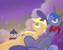 Size: 2500x2000 | Tagged: dead source, safe, artist:b-epon, character:applejack, character:princess luna, ship:lunajack, :o, accessory swap, female, lesbian, looking up, night, on back, on side, open mouth, pointing, shipping, smiling, stargazing