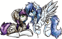 Size: 1397x886 | Tagged: safe, artist:iroxykun, oc, oc only, oc:rain cloud, oc:shade crusher, species:earth pony, species:pegasus, species:pony, art trade, chains, clothing, collar, cutie mark, female, flying, hat, headphones, male, mare, oc x oc, shipping, stallion, stitches, wings