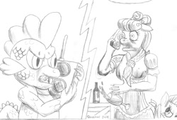 Size: 1572x1068 | Tagged: safe, artist:quakehoof, character:rarity, character:spike, character:suri polomare, species:anthro, female, gag, kidnapped, male, monochrome, threatening, traditional art, vulgar, walkie talkie, wine glass
