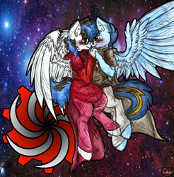 Size: 974x990 | Tagged: safe, artist:iroxykun, oc, oc only, oc:frozen soul, oc:secret chord, species:anthro, species:pony, species:unguligrade anthro, clothing, god tier, hero of space, hero of time, holding hands, homestuck, hooves, knight of space, male, oc x oc, page of time, stallion