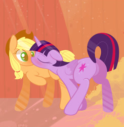 Size: 2934x3000 | Tagged: safe, artist:b-epon, character:applejack, character:twilight sparkle, character:twilight sparkle (alicorn), species:alicorn, species:pony, ship:twijack, blushing, explicit source, female, kissing, lesbian, mare, plot, raised tail, shipping, tail, twibutt