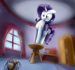 Size: 3961x3689 | Tagged: safe, artist:otakuap, character:rarity, species:pony, species:unicorn, arachnophobia, curtains, fear, female, mare, scared, sewing machine, solo, spider, stool, window