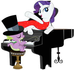 Size: 4031x3845 | Tagged: safe, artist:boneswolbach, character:rarity, character:spike, clothing, dress, hat, piano, top hat
