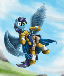 Size: 1408x1666 | Tagged: safe, artist:otakuap, oc, oc only, oc:electroshock, species:pegasus, species:pony, armor, cape, clothing, cloud, cloudy, flying, mountain, outdoors, sky, solo