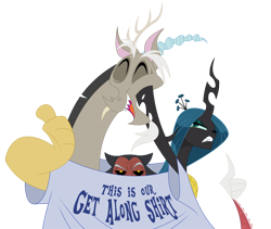 Size: 1000x843 | Tagged: safe, artist:peachiekeenie, artist:tarajenkins, character:discord, character:lord tirek, character:queen chrysalis, angry, clothing, cute, cutealis, discute, eyes closed, gritted teeth, hilarious in hindsight, open mouth, patreon, shirt, simple background, soon, t-shirt, thumbs up, tirebetes, transparent background, unamused