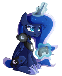 Size: 1470x1820 | Tagged: safe, artist:drawntildawn, character:princess luna, gamer luna, controller, female, magic, simple background, solo, transparent background