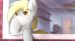 Size: 1960x1080 | Tagged: safe, artist:dshou, character:derpy hooves, species:pegasus, species:pony, crepuscular rays, female, hoof on chin, mare, solo, window