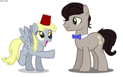 Size: 1500x950 | Tagged: safe, artist:asika-aida, character:derpy hooves, character:doctor whooves, character:time turner, species:pegasus, species:pony, clothing, double rainboom puppet, eleventh doctor, female, fez, hat, mare, raised hoof, simple background, spread wings, transparent background, wings