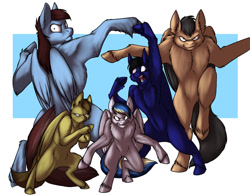 Size: 1279x1005 | Tagged: safe, artist:foxenawolf, oc, oc only, oc:calm wind, oc:playbitz, oc:rivet, oc:shine struck, oc:swift justice, species:pegasus, species:pony, bipedal, dragon ball z, fluffy, frown, ginyu force, glare, gritted teeth, looking at you, muscles, pegasus posse, pose, raised leg, shinejustice, silly, smirk, unshorn fetlocks