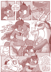 Size: 850x1202 | Tagged: safe, artist:stepandy, character:discord, character:princess luna, comic:mark of chaos, coils, crying, dialogue, eyes closed, laughing, make it stop, monochrome, questionable series, scrunchy face, tears of laughter, tickle torture, tickling, ticklish tummy