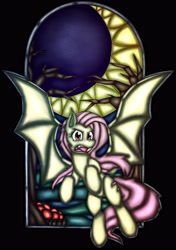 Size: 3055x4351 | Tagged: safe, artist:otakuap, character:flutterbat, character:fluttershy, species:bat pony, species:pony, apple, basket, fangs, female, looking at you, moon, open mouth, race swap, solo, spread wings, stained glass, wings