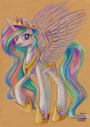 Size: 600x846 | Tagged: safe, artist:maytee, character:princess celestia, female, raised hoof, solo, spread wings, traditional art, wings