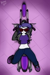 Size: 500x750 | Tagged: safe, artist:killryde, artist:mylittlepornedits, character:rarity, my little pony:equestria girls, belly button, boots, clothing, explicit source, female, from above, gloves, high angle, midriff, motorcycle, on back, overhead view, solo, sunglasses