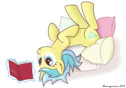 Size: 1777x1240 | Tagged: safe, artist:bluemeganium, character:lemony gem, cute, pillow, reading, simple background, solo, upside down