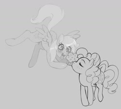 Size: 1280x1158 | Tagged: safe, artist:hallogreen, artist:mew, character:derpy hooves, character:pinkie pie, species:pegasus, species:pony, ship:derpypie, blushing, explicit source, female, kissing, lesbian, mare, muffin, shipping, sketch, tongue out