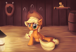 Size: 2000x1372 | Tagged: safe, artist:discorded, character:applejack, award, barn, barrel, butt freckles, female, hay, horseshoes, lamp, looking back, plot, rear view, sitting, solo, trophy, yoke