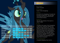 Size: 1100x800 | Tagged: safe, artist:pika-robo, character:queen chrysalis, species:changeling, bio, changeling queen, female, profile, ultimate marvel vs capcom 3