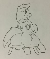 Size: 743x881 | Tagged: safe, artist:zacharyisaacs, character:derpy hooves, species:pegasus, species:pony, bubble butt, dock, embarrassed, large butt, monochrome, park bench, plot, sitting, the ass was fat, wide hips
