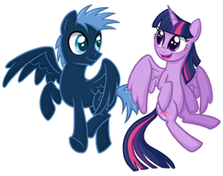 Size: 1024x805 | Tagged: safe, artist:thecheeseburger, character:star hunter, character:twilight sparkle, character:twilight sparkle (alicorn), species:alicorn, species:pony, blushing, female, flying, mare, simple background, sparklehunter, transparent background