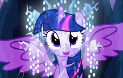 Size: 1500x950 | Tagged: safe, artist:asika-aida, character:tree of harmony, character:twilight sparkle, character:twilight sparkle (alicorn), species:alicorn, species:pony, female, looking at you, mare, solo, spread wings, tree of harmony, wings