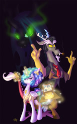 Size: 1100x1777 | Tagged: safe, artist:falleninthedark, character:discord, character:princess celestia, character:queen chrysalis, afro, badge, derringer, frolestia