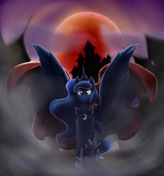 Size: 4232x4547 | Tagged: safe, artist:otakuap, character:princess luna, absurd resolution, blood moon, cape, clothing, cute, cute little fangs, fangs, female, fog, looking at you, mist, moon, raised hoof, solo, spread wings, wings